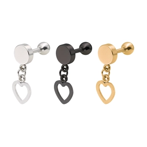 Minimalist heart barbell earrings in silver, black, and gold stainless steel finishes