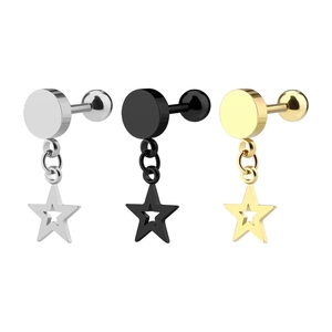 Minimalist barbell stud earrings with hollow star pendants in silver, gold, and black steel