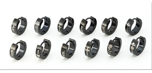 Detailed set of 12 black stainless steel huggie earrings featuring various laser-etched patterns