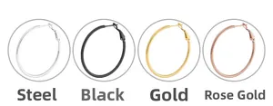 Classic stainless steel hoop earrings in steel, black, gold, and rose gold finishes