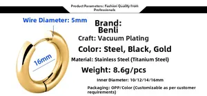 Detail view of 5mm thick stainless steel hoop earrings with size specifications and finish