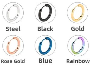 Detailed display of round hoop earrings in steel, black, gold, blue and rainbow finishes
