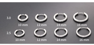 Size chart of polished stainless steel hoop earrings in 2.5mm and 3.0mm thickness