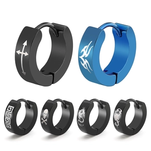 Stainless Steel Huggie Hoop Earrings For Men Women Punk Gothic Dragon Cross Skull Pattern Black Blue Polished Jewelry Gift
