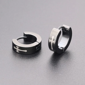 Black matte titanium steel hoop earrings featuring a silver cross pattern for men and women