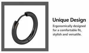 Detailed macro view of black stainless steel hoop earring with polished hinge closure