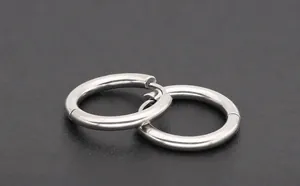 Close-up of polished silver stainless steel hoop earrings with secure hinge closures