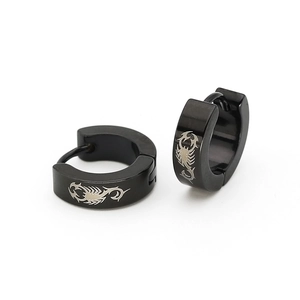 Punk black stainless steel huggie earrings featuring a detailed silver scorpion pattern