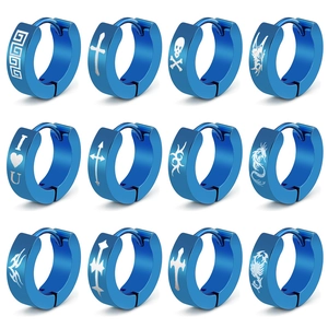 Set of 12 pairs of blue electroplated stainless steel huggie earrings with laser patterns