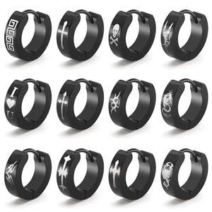 Set of 12 black stainless steel hoop earrings featuring diverse gothic and symbolic patterns