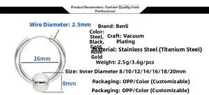Technical specification of titanium steel hoop earrings showing dimensions and inner diameters