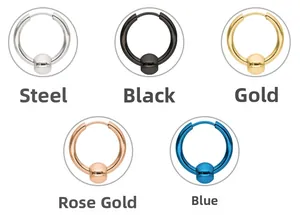 Detail view of captive bead rings in steel, black, gold, rose gold, and blue colors