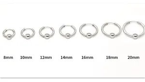 Size chart showing seven minimalist titanium steel hoop earrings from 8mm to 20mm diameter