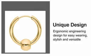 Detail view of gold captive bead earring with polished finish and ergonomic hinge design
