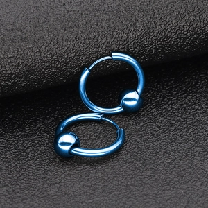 Minimalist dark blue titanium steel hoop earrings with round bead charms for women