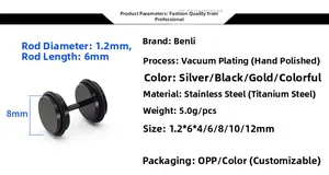 Detailspecificaties voor zwarte titanium stalen halter oorbellen met 8 mm schijfdiameter