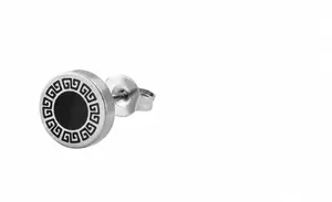 Detailweergave van stalen oorsteker met zwart Grieks sleutelpatroon en geometrische inlay