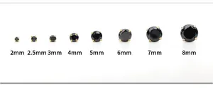 Maattabel voor zwarte zirkoon oorknopjes met diameters variërend van 2 mm tot 8 mm