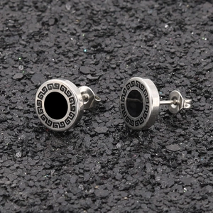 Vintage Roestvrij Stalen Ronde Oorknopjes Voor Mannen Met Zwart Grieks Meander Patroon Punk Stijl Sieraden Cadeau