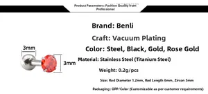 Specifiche tecniche dell'orecchino con zircone 3mm e perno in acciaio da 1,2mm