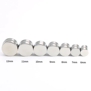 Polished silver magnetic stud earrings in seven sizes from 6mm to 12mm on white background