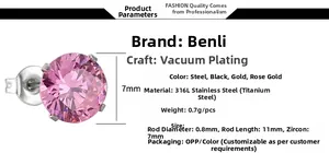 Detail view of 7mm pink round zircon stud earring in 316L stainless steel setting