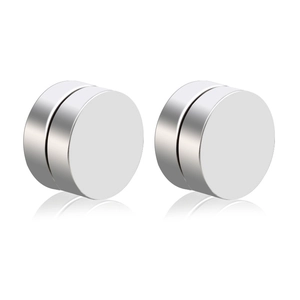 Pair of polished silver magnetic stud earrings for men in minimalist round disk design