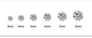 Size guide showing 3mm to 8mm round AAA cubic zirconia titanium steel stud earrings
