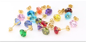 Macro shot of 8mm AAA colorful zircon stud earrings with various crystal gem colors