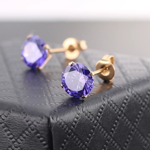 Elegant gold titanium steel studs with 8mm round purple AAA zirconia in 4-prong setting