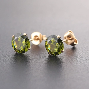 7mm olive green round zircon stud earrings in rose gold medical titanium steel with butterfly backs