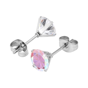 7mm AAA cubic zirconia stud earrings with rainbow pink and clear stones in 6-prong medical steel
