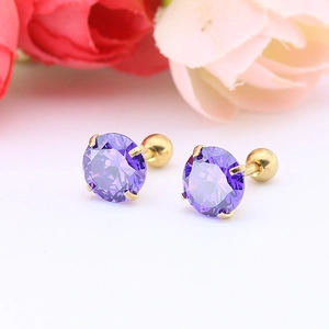 Titanium stalen oorknopjes met 7mm paarse zirkoon en goudkleurige 4-klauw sluiting