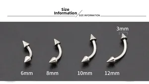 Size guide for stainless steel curved barbells with 3mm spikes in various lengths