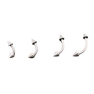 Polished stainless steel eyebrow barbell rings set with pointed cones in four sizes