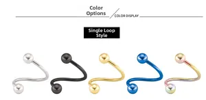 Five colored spiral stainless steel piercing rings in silver black gold blue and rainbow