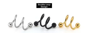 Double loop spiral piercing jewelry in silver, black and gold stainless steel finish