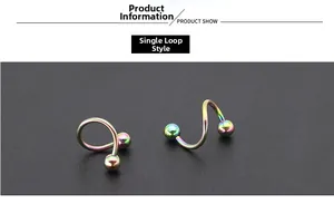 Rainbow plated titanium steel spiral piercing jewelry with double ball ends in a macro view