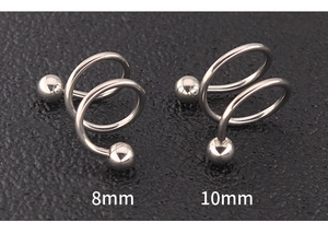 Polished titanium steel spiral nose rings in 8mm and 10mm sizes with ball ends