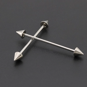 Surgical steel industrial barbell earrings with spiked cone ends in a silver finish