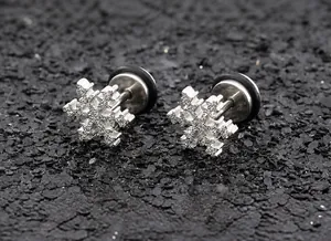 Détails macro des boucles d'oreilles flocon de neige argentées au fini scintillant