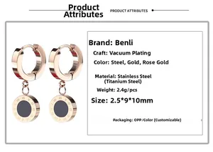 Detailed specs of rose gold titanium steel earrings with roman numeral rotating disc
