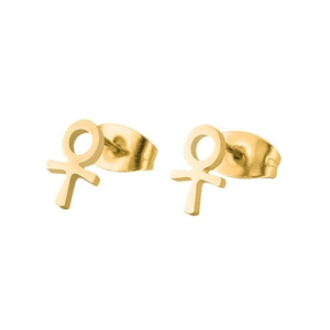 Paar vergoldete Edelstahl-Ohrstecker mit Ankh-Symbol auf weißem Hintergrund