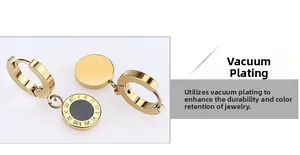 Detailed macro view of gold titanium earrings with roman numerals and black disc pendants