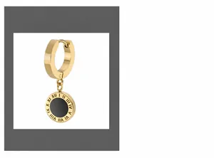 Detail of gold titanium hoop earring with Roman numeral disc and black enamel inlay