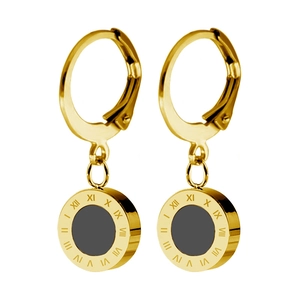 Titanium steel lever-back earrings with Roman numerals and black circular pendants
