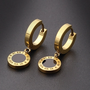 Titanium steel hoop earrings with Roman numeral engraved disc charms in gold finish