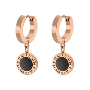 Rose gold titanium steel drop earrings with Roman numerals and black enamel disk
