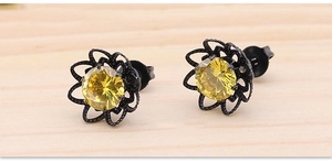 Sonnenblumen-Ohrstecker mit gelben runden Steinen und schwarzen hohlen Blütenblättern