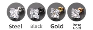 Detalle de pendientes de circonita cuadrada en acero, negro, oro y oro rosa